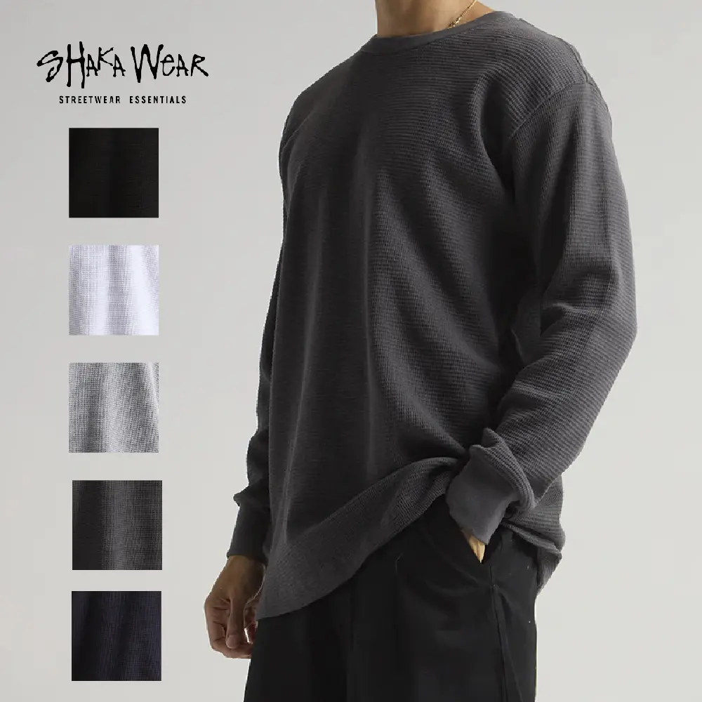 SHAKAWEAR Men's Max Heavyweight Thermal Long Sleeve T Shirt Casual Shaka Wear Long Sleeves Cotton Tee Shirts Woven Neck Warm Casual Hip Hop Harem LA