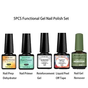 FOURLILY 5pcs Functional Gel Nail Polish Set with Nail Prep Dehydrator, Nail Primer, Quick-Build Reinforcement Gel, Nail Gel Remover, and Liquid -Off Tape, Soak-Off Varnish for Stronger Nails, Essential for Nail Salons, Perfect for Nail Artists Cosmetic