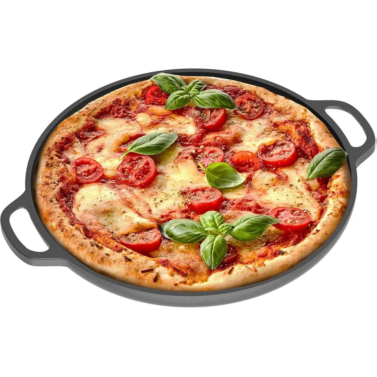 Chef Pomodoro Cast Iron Pizza Pan, Pre-Seasoned 12 inch Cast Iron Skillet with Handles, Dosa Pan for Dosa Tawa Roti, Crepe Pan, Comal for Tortillas, Baking Stove, Oven, Grill BBQ and Campfire