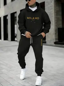 Men's Plus Size Milano Letter Casual Long Sleeve Geometric Drawstring Hoodie and Sweatpants Set, Loose Fit, Micro Stretch Fabric, Fall & Winter Outfit