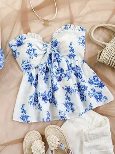 Soleia Women’s Blue Ditsy Floral Halter Peplum Blouse | Tie Front Ruffle Top for Holiday, Birthday, Valentine’s & Party Outfits