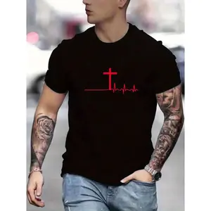 Men's Cross Pulse Print Knit Polyester Blend Crew Neck T Shirt with Slight Stretch Regular Fit Breathable Seasonal Top