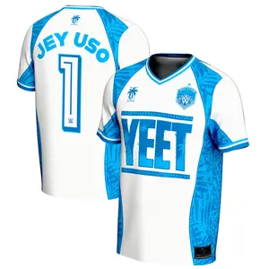 Jey Uso Yeet Number 1 WWE Soccer Jersey White Cyan Blue Polynesian Tribal Raglan Panel Palm Tree Logo Loose Casual Fan Streetwear Gym Sport Shirt Fall Winter Spring