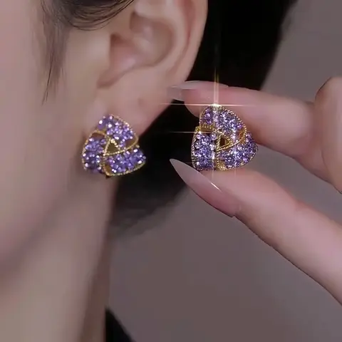 Women's 2-Pair/Set Hoop Shape Earrings - 14 Karat Gold-Coated Metal, Purple Crystal Accents, Elegant Sparkling Costume Jewelry for Daily Wear