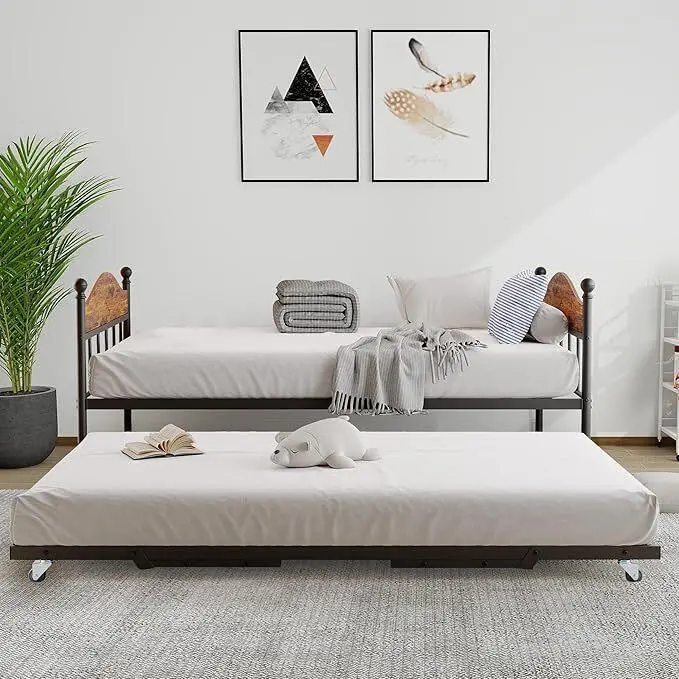 Gaomon Twin Contemporary Convertible Sofa Bed with Sturdy Steel Frame, Wheeled Foldable Pull-Out Trundle, Secure Metal Base, Stylish Headboard - for Living Room, Bedroom
