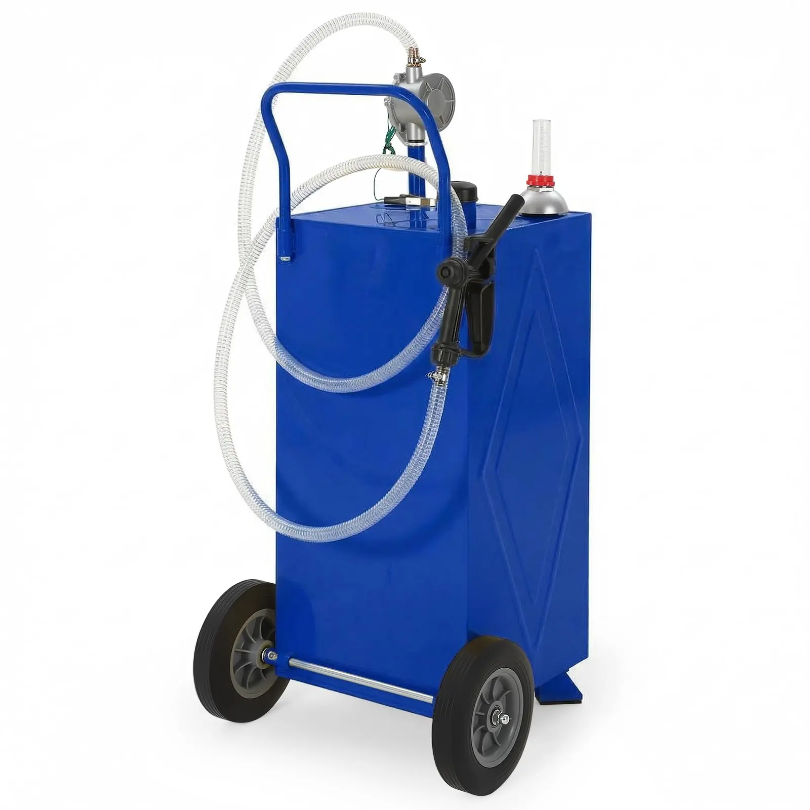 35 Gallon Portable Fuel Container with Manual Rotary Pump and Rolling Wheels for Gasoline & Diesel Transfer