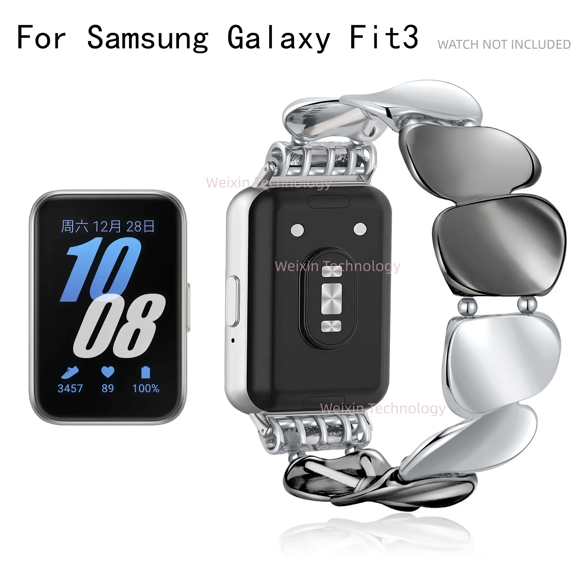 Metal bracelet suitable for Samsung Galaxy Fit 3 strap, women's seamless metal replacement chain, Galaxy Fit 3 strap suitable for Samsung Galaxy Fit 3 SM-R390 metal elastic strap, Smartwatch strap, Smartwatch Accessories, 1 piece