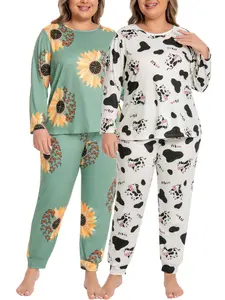 Plus Size 1XL-5XL Women's 2-sets Cow & Sunflower Print Pajama Set | Long-Sleeve Top & Full-Length Pants | Soft Breathable Loungewear