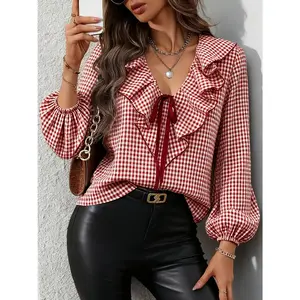 Women's Gingham Ruffle Trim Blouse, V Neck Tie Front Lantern Sleeve Top