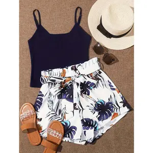 Chic Tropical Print Knit Two-Piece Set - V-Neck Crop Top & High-Waist Belted Shorts, Polyester Blend, Machine Washable - Perfect for Summer