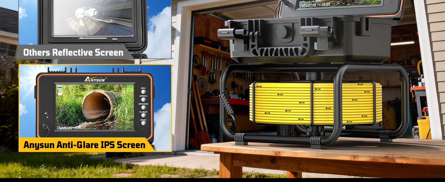 Self-Leveling Sewer Camera with Meter Marking, 9'' IPS Screen, HD 1080P Resolution, 5100mAh Battery, 100ft 5mm Cable Sewer Drain Video Inspection Camera with DVR Recorder and 32GB SD Card