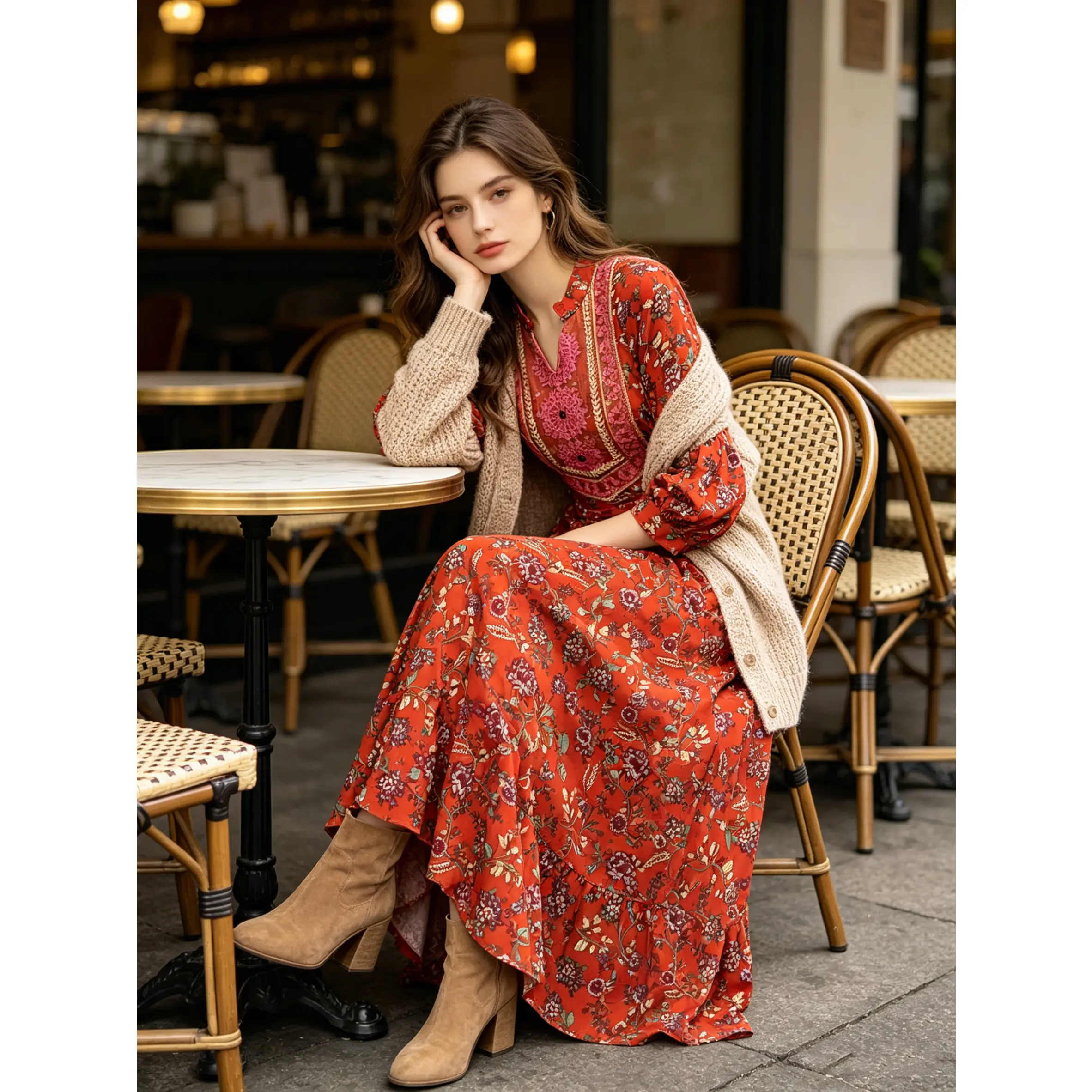 Women's Modest Boho Floral Maternity Maxi Dress - Elegant Long Sleeve V-Neck A-Line, Comfortable Durable Polyester, Flowy Drape, Plus Size, Outdoor Tropical Vacation Casual Hippie Gown, Elegance, Loose