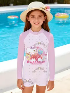 Girls' one-piece swimsuit "Hello Kitty Sweetheart Party Edition" with pink-sleeved polka dot base + cute dessert print long-sleeved swimsuit, soft, cute, and sweet, instantly enhancing the summer pool/beach ambiance