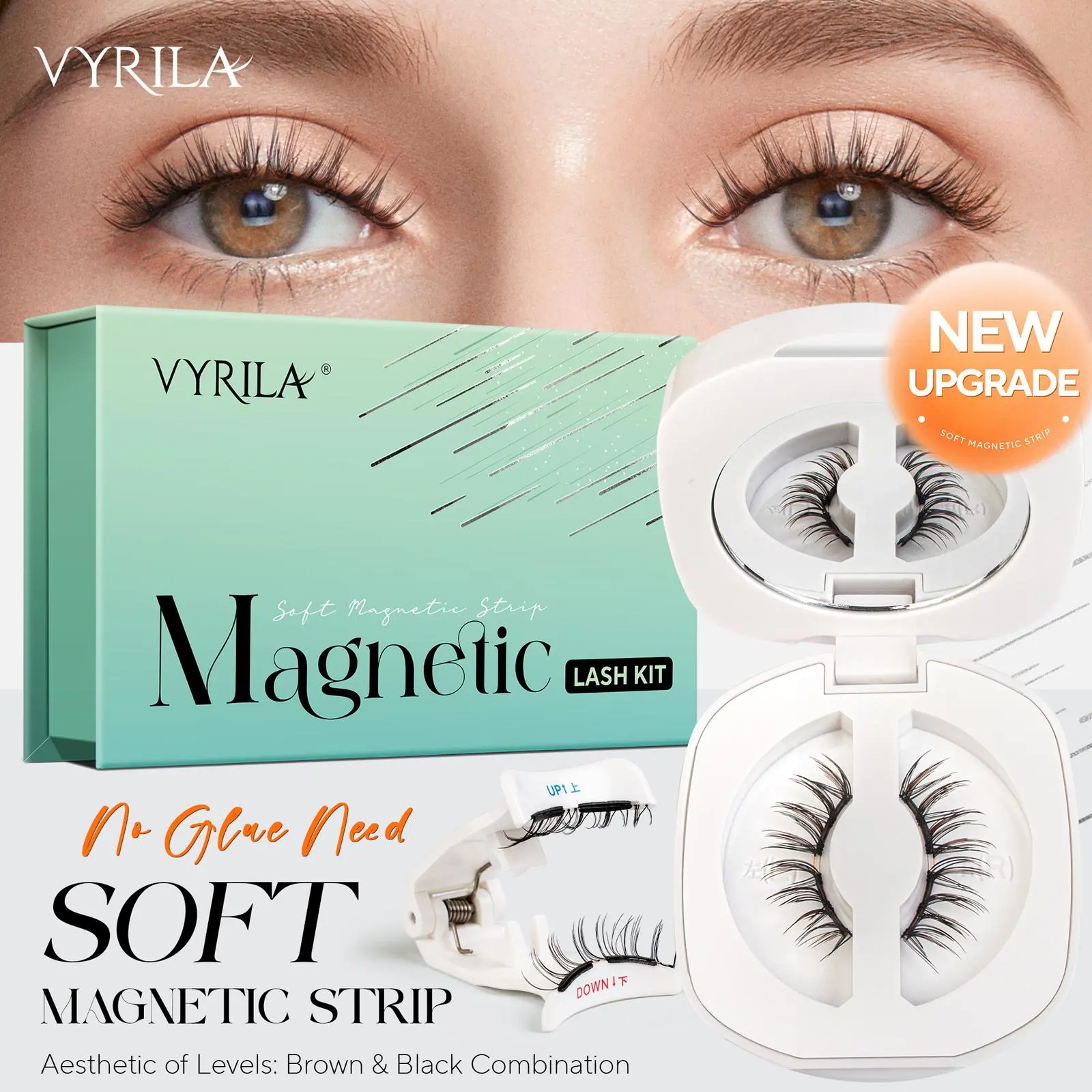 VYRILA Upgrade Magnetic Eyelashes Brown/Black Reusable Soft Magnetic Lash with Applicator Natural Look No Glue Needed Lashes Kit