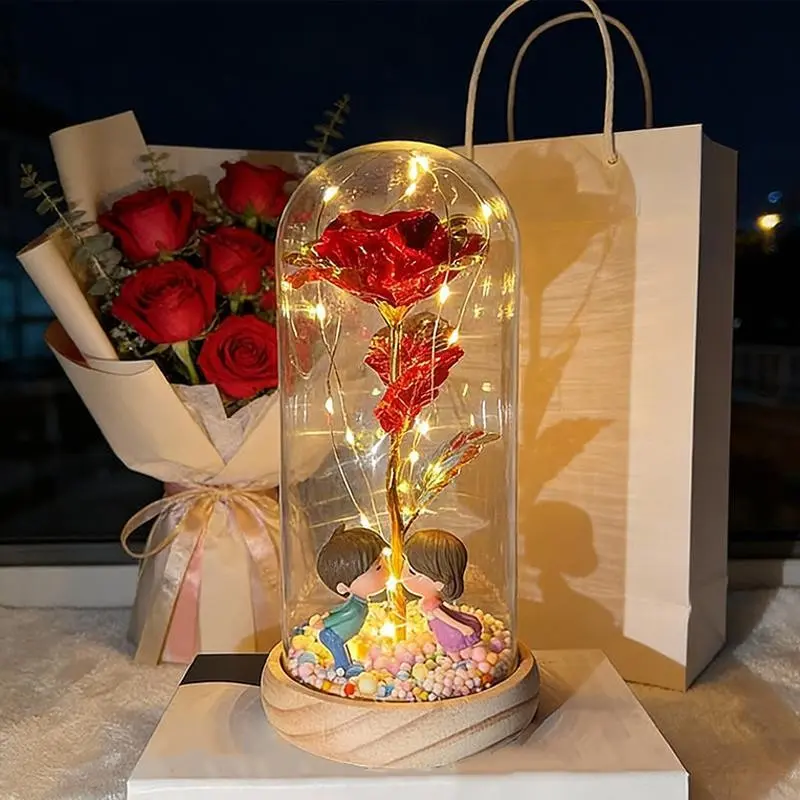 Valentine's Day Artificial Plated Rose, Light Up Rose, Artificial Flower Lamp, LED Home Decor, Creative Wooden Base & Glass Dome, Couple Figurines, Multicolor Foam Balls, Aa Battery Power