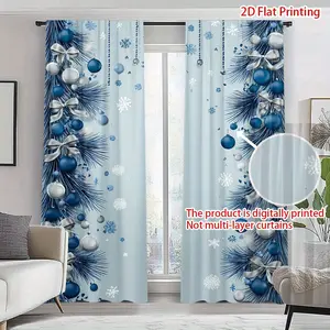 Pack of 2, blue silver edge Christmas print multi-functional curtains, Christmas ball pine branch pattern, rod pocket design, suitable for home decoration, Christmas decoration, Christmas supplies, Window decorations supplies
