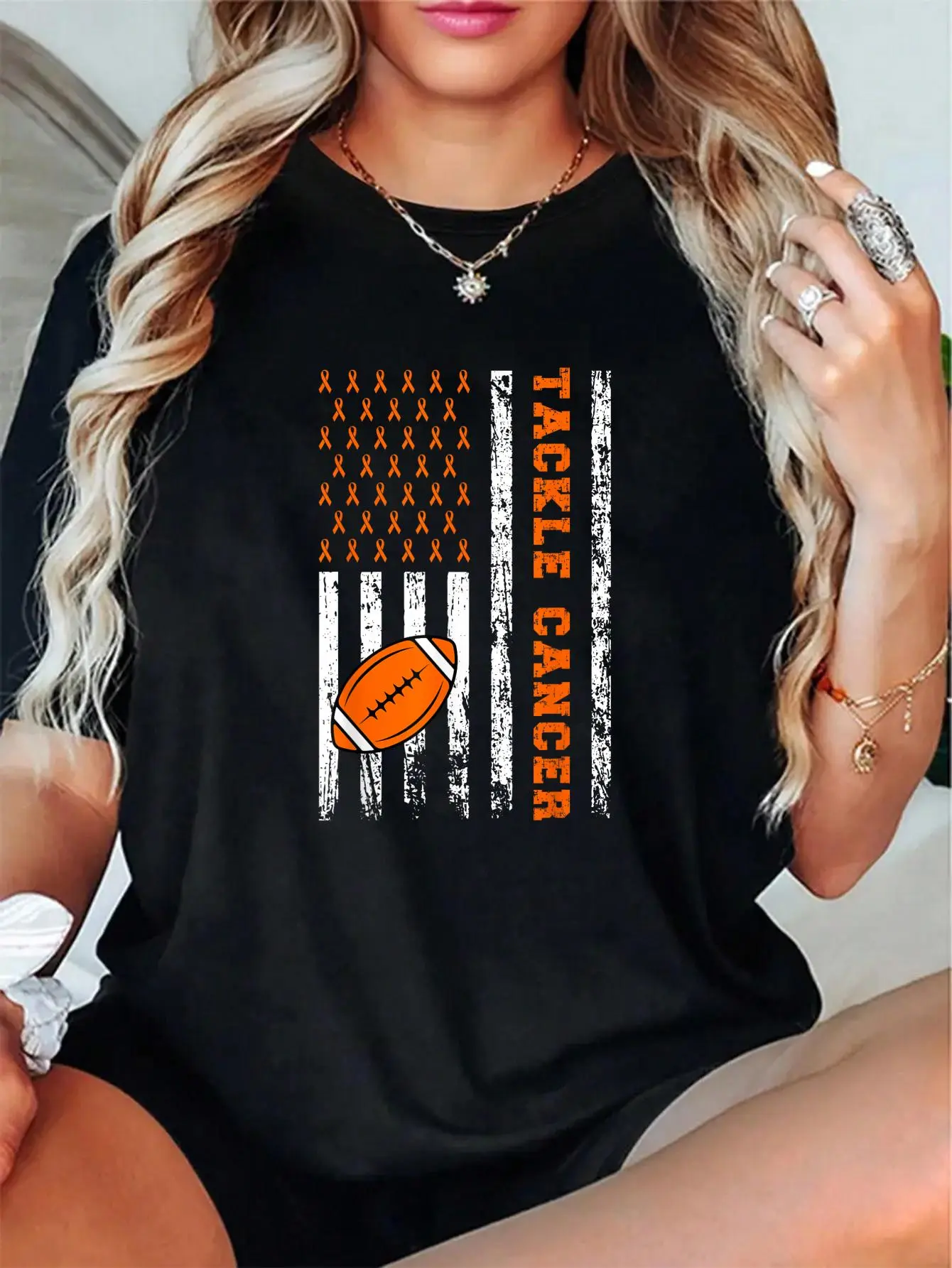Women's 100% Cotton Round Neck Short-Sleeve Leukemia Cancer Awareness Tee - All Seasons, Relaxed Loose Unisex Fit, Soft Breathable Fabric, Orange Ribbon High Def Love Digital Print, Party Casual Top
