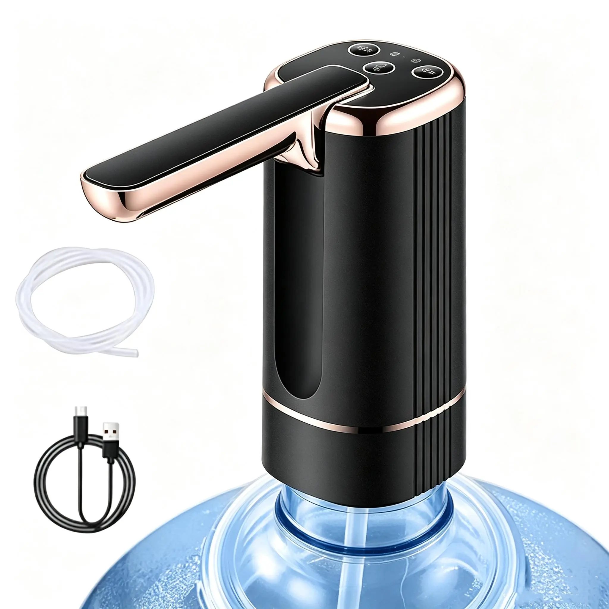 Water Dispenser Pump for 2-5 Gallon Water Bottles, USB Type-C Rechargeable with 1200mAh Battery, Foldable Spout, One-Touch Control (40s/80s), Powerful Suction for Home, Office, Camping - Black