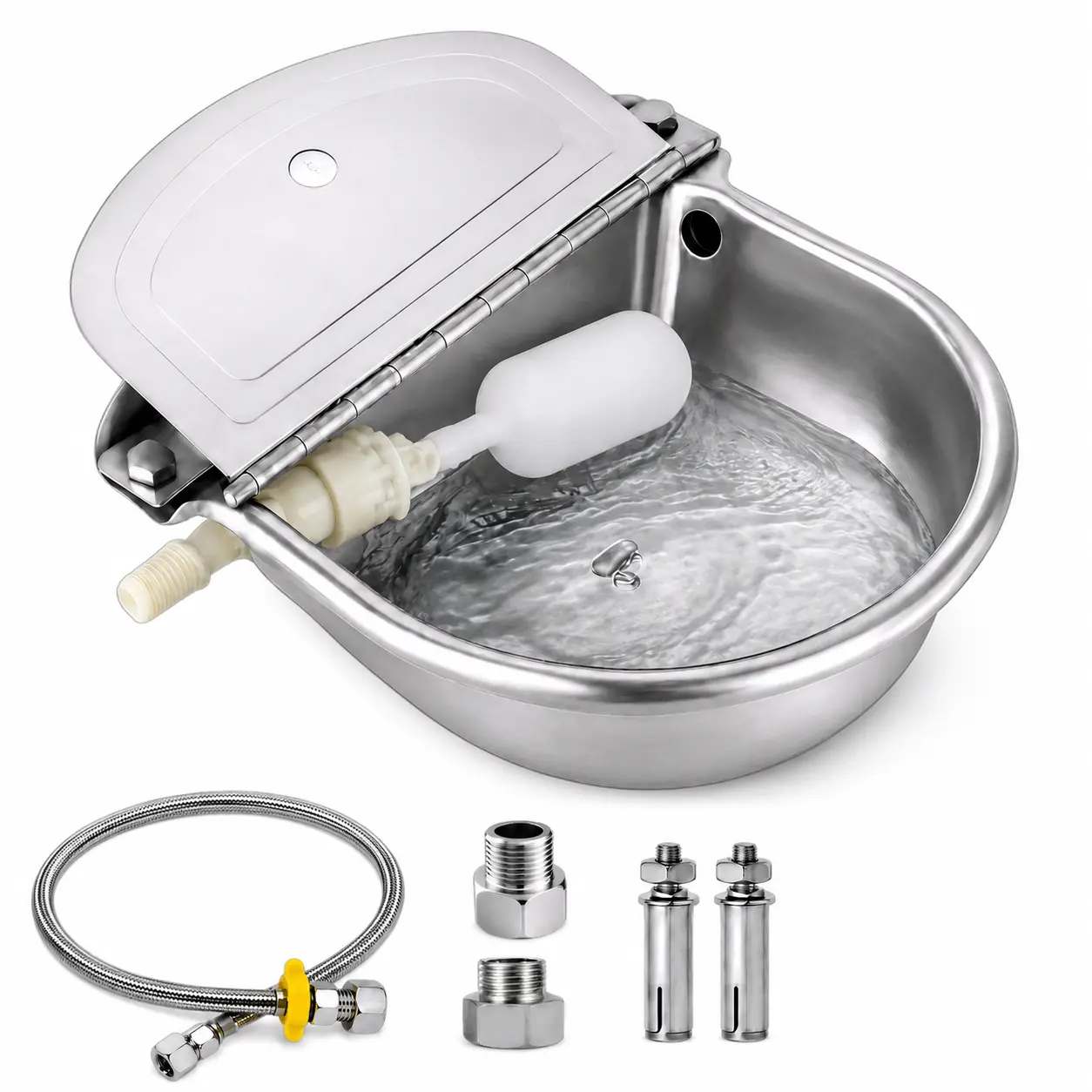 Automatic Animal Drinking Water Bowl for Dog Stainless Steel Waterer Feeder Farm Dog Dispenser Kit Self Filling for Livestock Horse Goat Water Trough with Float Valve Drain Hole Hose Adapter Bolts