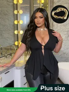 Plus Size Women's Deep V Neck Metallic Decor Casual Elastic Short Sleeve T-Shirt, Elegant Summer Fashion Top for Ladies Womenswear