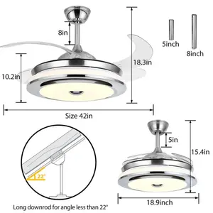 42'' Reversible Bluetooth Ceiling Fan with Light and Speaker, LED Stepless Dimmable Fandelier Ceiling Fan Light with Remote Control Retractable Invisible Music Player Chandelier for Living Room