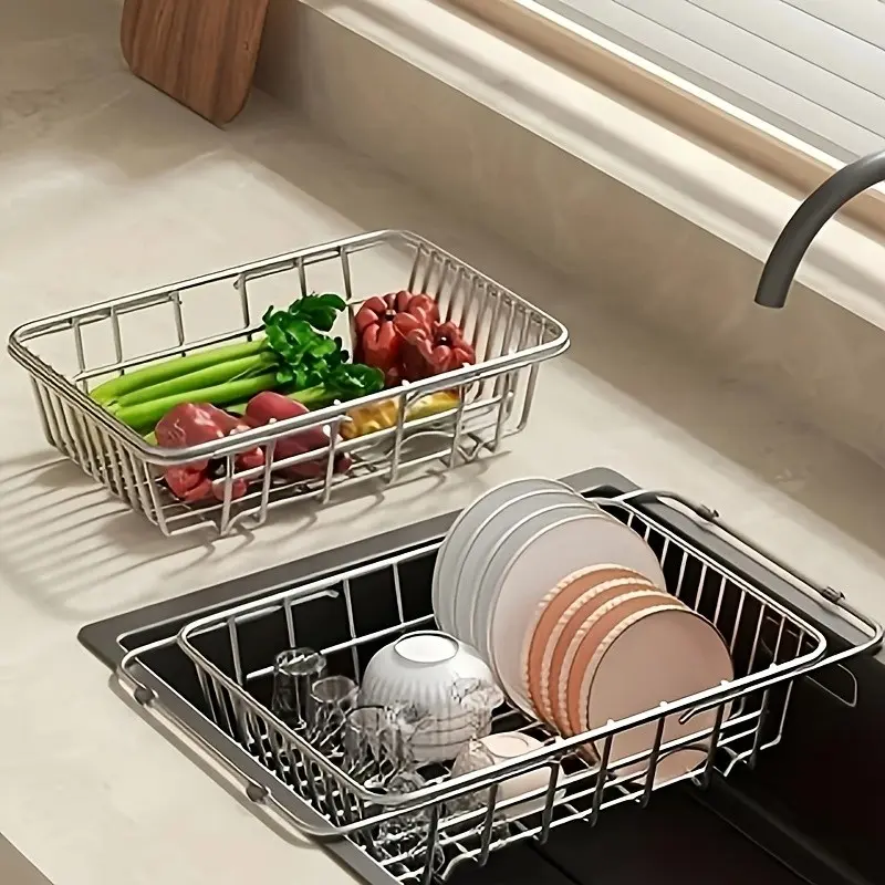 2pcs Stainless Steel Drain Baskets, Retractable Dish Drying Racks, Countertops And Table Drying Racks, Dish And Fruit Storage Racks, Space-Saving Sink Drain Racks And Multipurpose Tableware Storage Boxes, Which Can Accommodate Plates, Bowls
