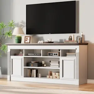 Farmhouse TV Stand For TV Up To 75 Inch Wood Entertainment Center With Raised Panel Doors Tall 33.4H Media Console Table 67W Storage Cabinet Adjustable Shelves White Brown TV Cabinet For Living Room Bedroom Furniture