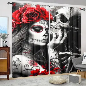 Rose Skull Pattern Door Curtain, 1 Set Gothic Style Door Curtain, Home Decor for Living Room Bedroom, Vanity Decor Accessories