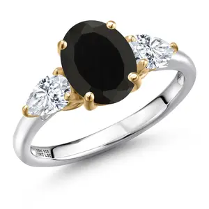 Gem Stone King 925 Silver and 10K Yellow Gold Black Onyx and White Moissanite Engagement Ring For Women | 2.80 Cttw | Oval 9X7MM | Gemstone December Birthstone
