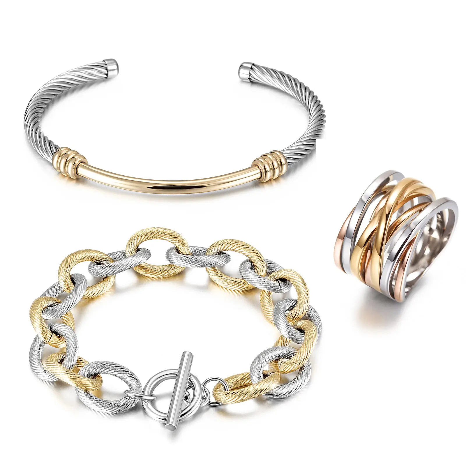 NSB Multi-Color Cable Set - Bangle, Bracelet & Ring, Hypo-Allergenic Stainless Steel, 7" Inner Circumference, Unisex, 12 Months Warranty