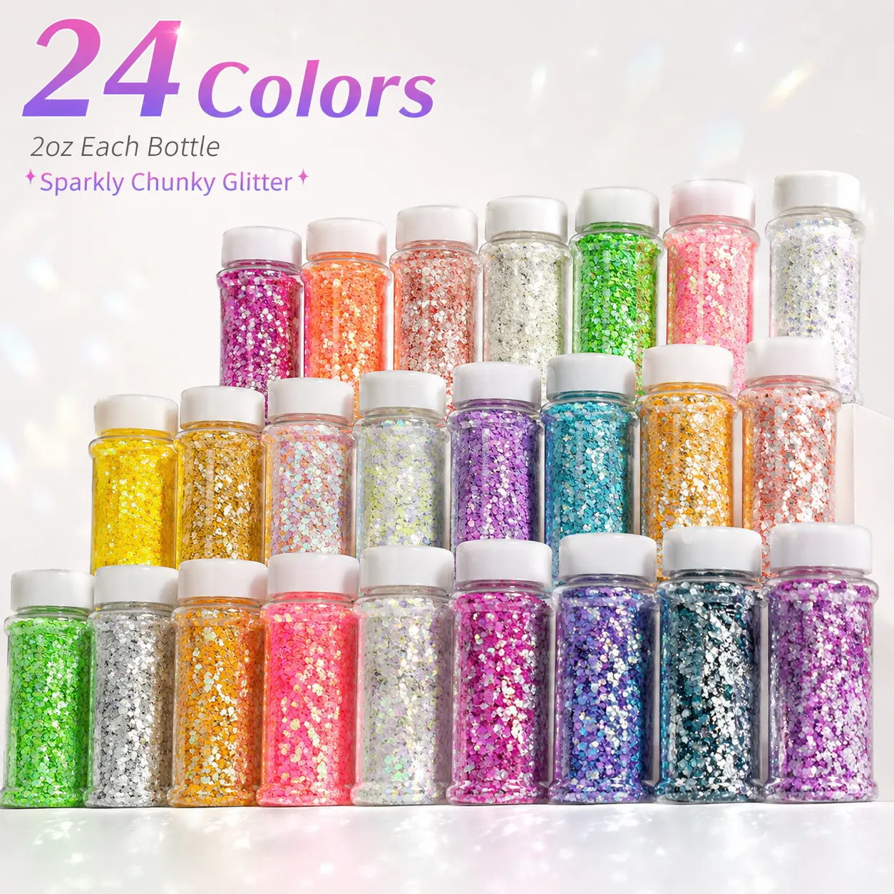 Holographic Chunky Glitter 24 Pack 2oz, Multipurpose Mixed Sequins for Beauty Makeup, Resin Art, Slime Making, Xmas Holiday & Summer Party Decoration