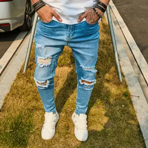 New Streetwear Stylish Men Skinny Holes Jeans Trousers Male Distressed Stretch Pencil Jogging Denim Pants