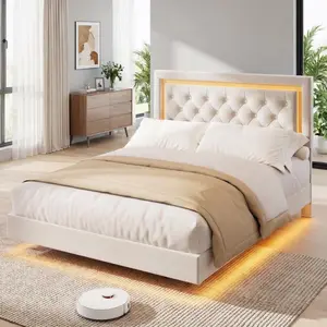 Garvee - Floating bed frame with smart LED lights, upholstered platform with diamond headboard, solid wood slat support, no box spring needed, noiseless, easy assembly