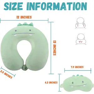 Kids Travel Neck Pillow with Sleep Eye Mask, Cute Memory Foam Sleeping Headrest Pillow for Boys Girls, for Airplane Train Car Home Use - Green Dinosaur