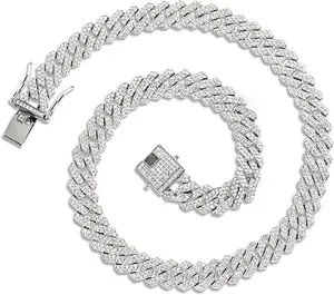 Cuban Link Chain for Men Women Miami Silver Iced Out Cuban Link Moissanite Chain Necklace Bling Diamond Rhinestone Mens Jewelry for Men