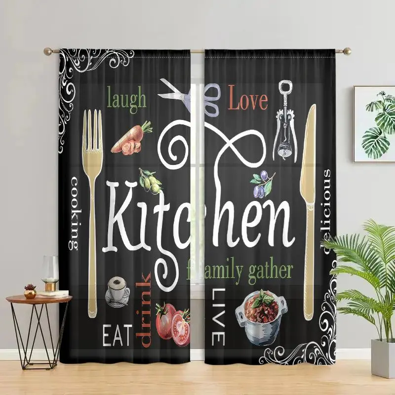 Kitchen Utensils Pattern Window Curtain, Cooking Element Pattern Door Curtain, Home Decor for Bedroom, Living Room, Kitchen, Dining Room, Bathroom, Kitchen Curtains