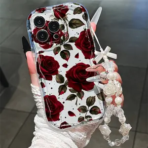 Romantic Floral Rose Pattern Phone Case with Flower Lanyard, Anti-Drop Thickened Cover for Halloween Christmas, Compatible with Multiple iPhone Models