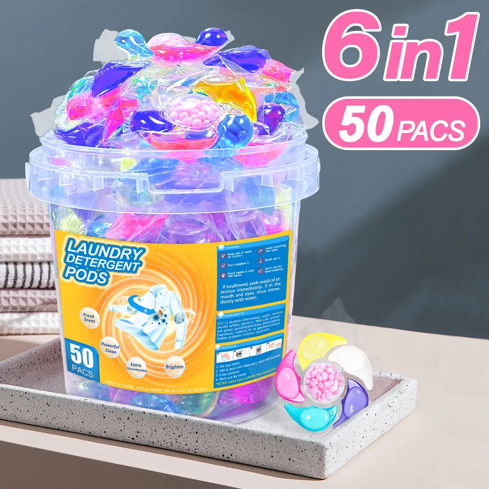 6in1 Multi-Function Scented Laundry Detergent Capsules (50 Solid Pods) - High-Efficiency Stain Remover for All Clothes, Super Decontamination, Long-Lasting Fragrance, Softening Beads, Drop-and-Go Use