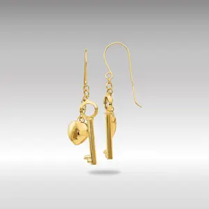 14K Gold Puff Heart Lock and Key Earrings - Model TL869