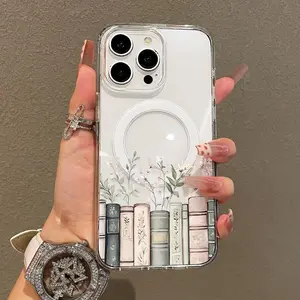 Aesthetic Flower Magnetic Handheld Cellphone Casing, Soft Girl Bookshelf-Print Lightweight Shockproof Resistance Accessory for iPhone 11/12/13/14/15/16/17 Pro Max Devices, Drop-Proof Phone Accessories