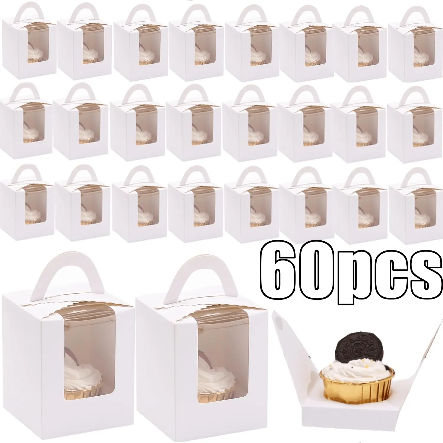 Pack of 60 Cupcake Boxes Individual Disposable White Single Box with Window 3.6 * 3.6 * 4.3inch Cupcake Containers/Holders