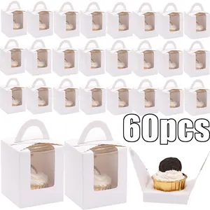 Pack of 60 Cupcake Boxes Individual Disposable White Single Box with Window 3.6 * 3.6 * 4.3inch Cupcake Containers/Holders