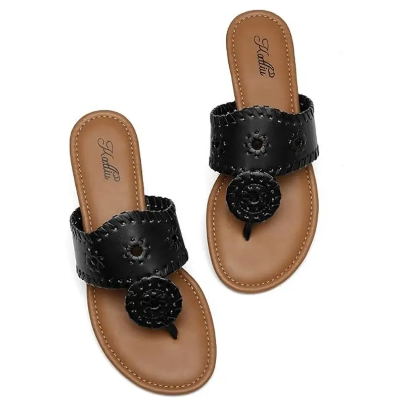 Women's Fashionable Casual Sandals - Open Toe Thong Flip Flops, Faux Leather Upper, Cushioned Footbed, Lightweight TPR Outsole, Summer Back to School Footwear