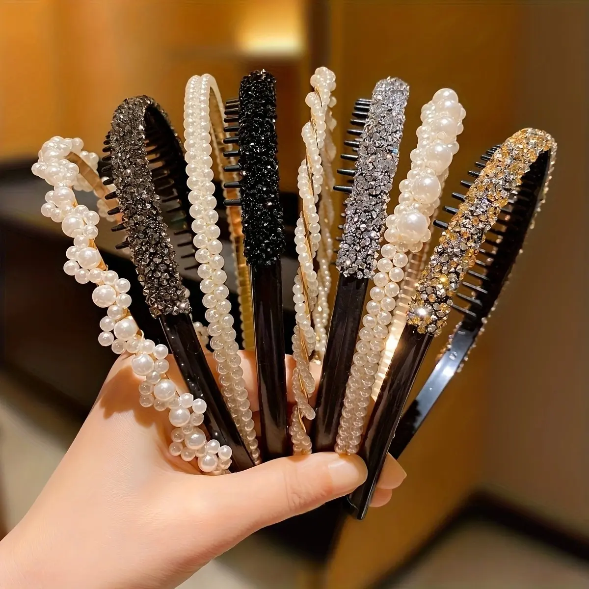 Multi Pack Non Slip Teeth Headbands for Women, Korean Sparkly Rhinestone Pearl Hair Hoops, Elegant Sweet Bling Hair Accessories for Daily Makeup Wedding Casual Hairstylin