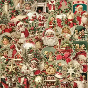 Vintage Christmas Themed Sticker, 50pcs/set Creative Holiday Atmosphere Decorative Sticker, DIY Decals for Water Bottle, Phone Case, Scrapbooking, Journal Making