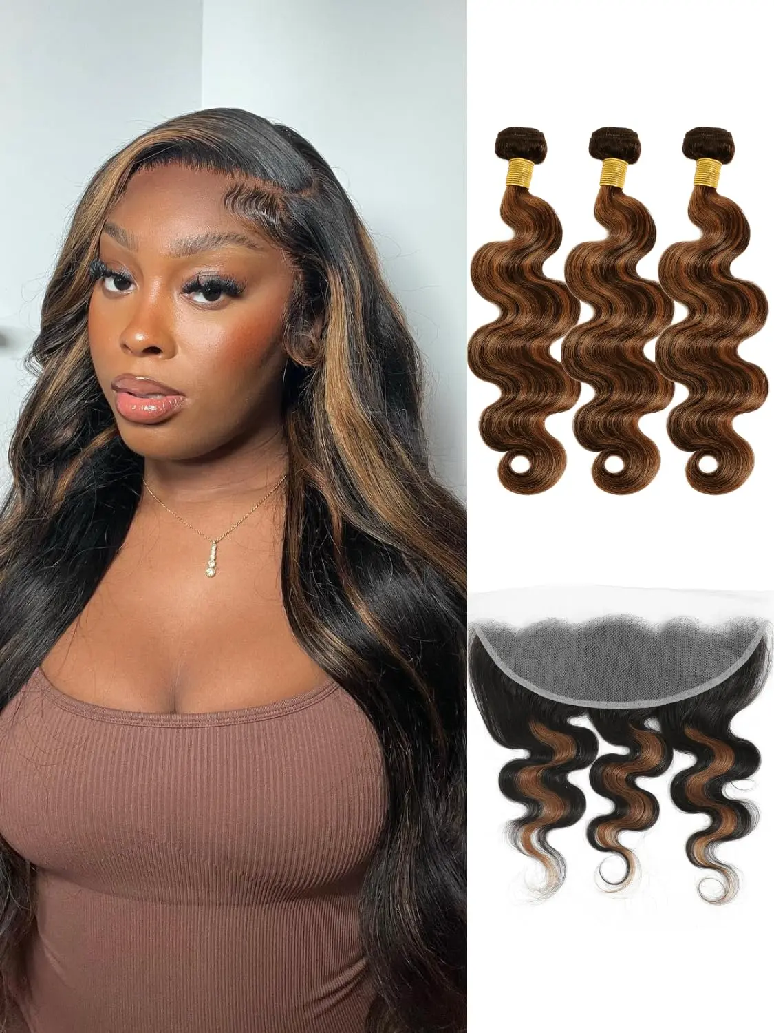 12A Virgin Remy Unprocessed Brazilian Human Hair Body Wave Bundles, 3 Sew-In F1B/30 Honey Blonde Highlight Ombre Blend Black-Brown Double Wefts Hair Extensions, 285g, Eyelashes & Headband Compatible, Brazilian Remy Hair