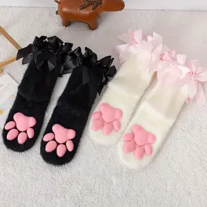 1 Pair Autumn/Winter 3D Cat Paw Women’s Socks, 100% Polyamide Fuzzy Knit Fabric, Solid Color, Hand Wash or Professional Dry Clean, Cute
