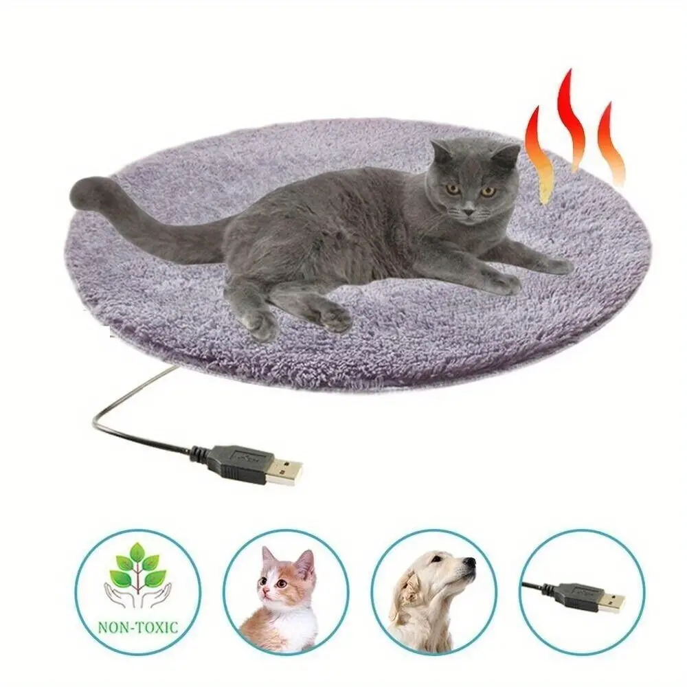 1 Pack Round 40cm Electric Pet Heating Pad, Constant Temperature Soft Warm Bed Mat, Chew Resistant USB Powered Safe Cozy Heating Blanket, Warming Accessory For Small Medium Dogs Cats Rest Indoor Kennels Household Daily Pet Care Supplies For Animal Lovers