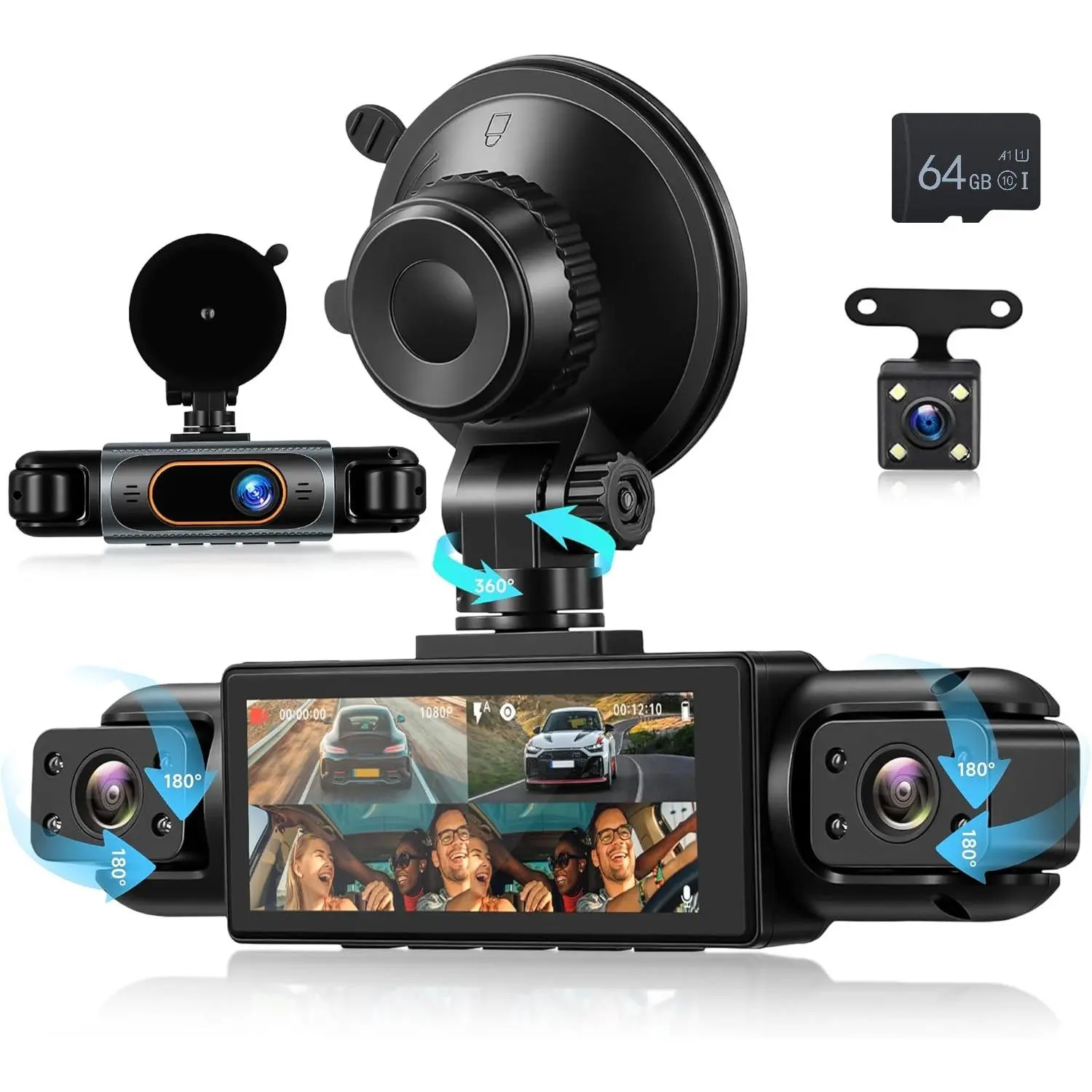 4-Channel Touchscreen Dash Cam with 360° Front, Rear, Inside, Left-Right Lenses, 3.16in FHD 1080P IPS Display, Night Vision, Loop Recording, 24/7 Parking Monitor, Reverse View Support, Dashcam