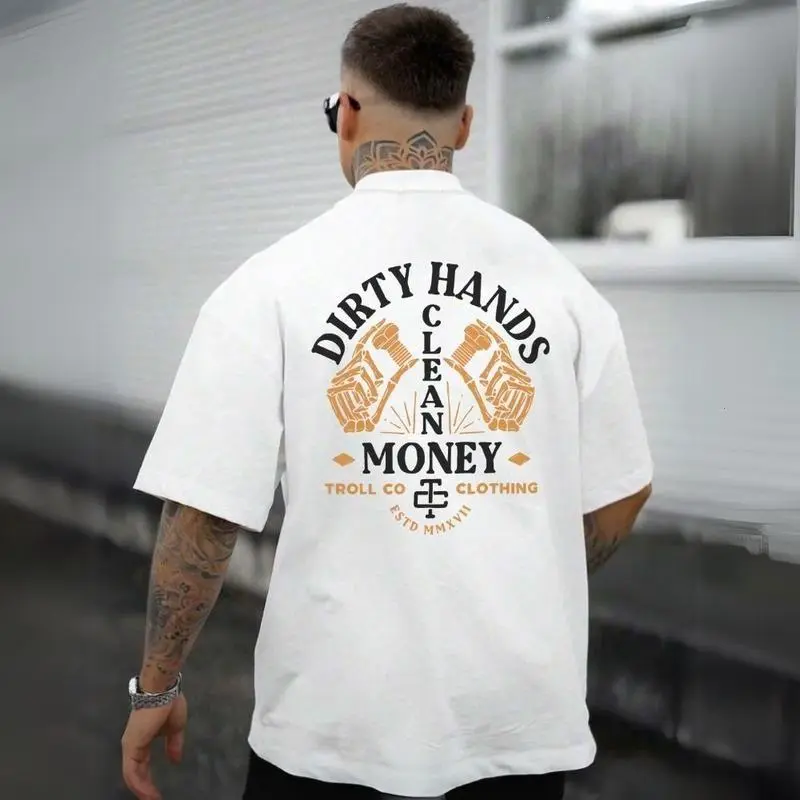 Men's Classic Fit Pure Cotton T-Shirt with Dirty Hands Clean Money Graphic, Fades Resistant Casual Street Top, Menswear, Men's T Shirts